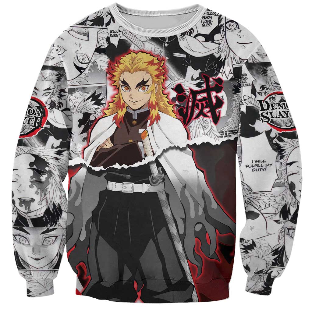 Kyojuro Rengoku Demon Slayer Flame Hashira Design Sweatshirt with Manga Panels and Fiery Sword Artwork - The Mazicc
