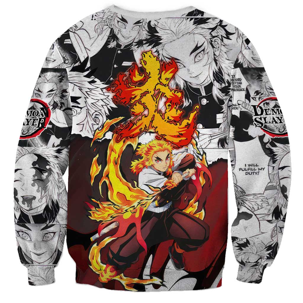 Kyojuro Rengoku Demon Slayer Flame Hashira Design Sweatshirt with Manga Panels and Fiery Sword Artwork - The Mazicc