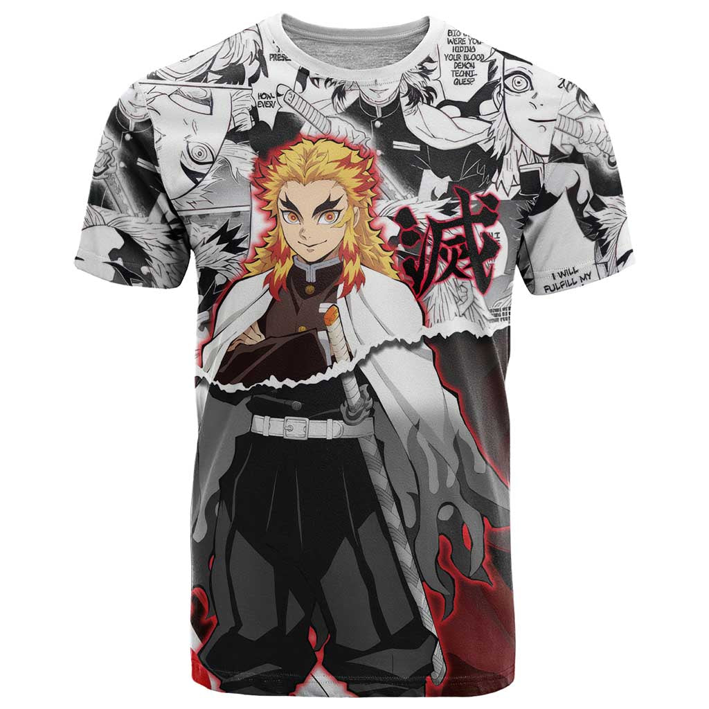 Kyojuro Rengoku Demon Slayer Flame Hashira Design T Shirt with Manga Panels and Fiery Sword Artwork - The Mazicc