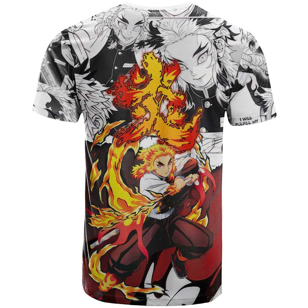 Kyojuro Rengoku Demon Slayer Flame Hashira Design T Shirt with Manga Panels and Fiery Sword Artwork - The Mazicc