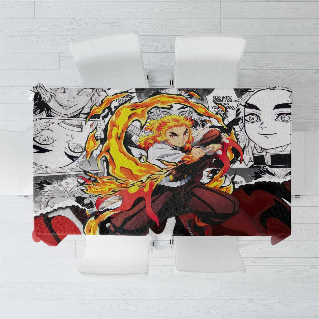 Kyojuro Rengoku Demon Slayer Flame Hashira Design Tablecloth with Manga Panels and Fiery Sword Artwork - The Mazicc
