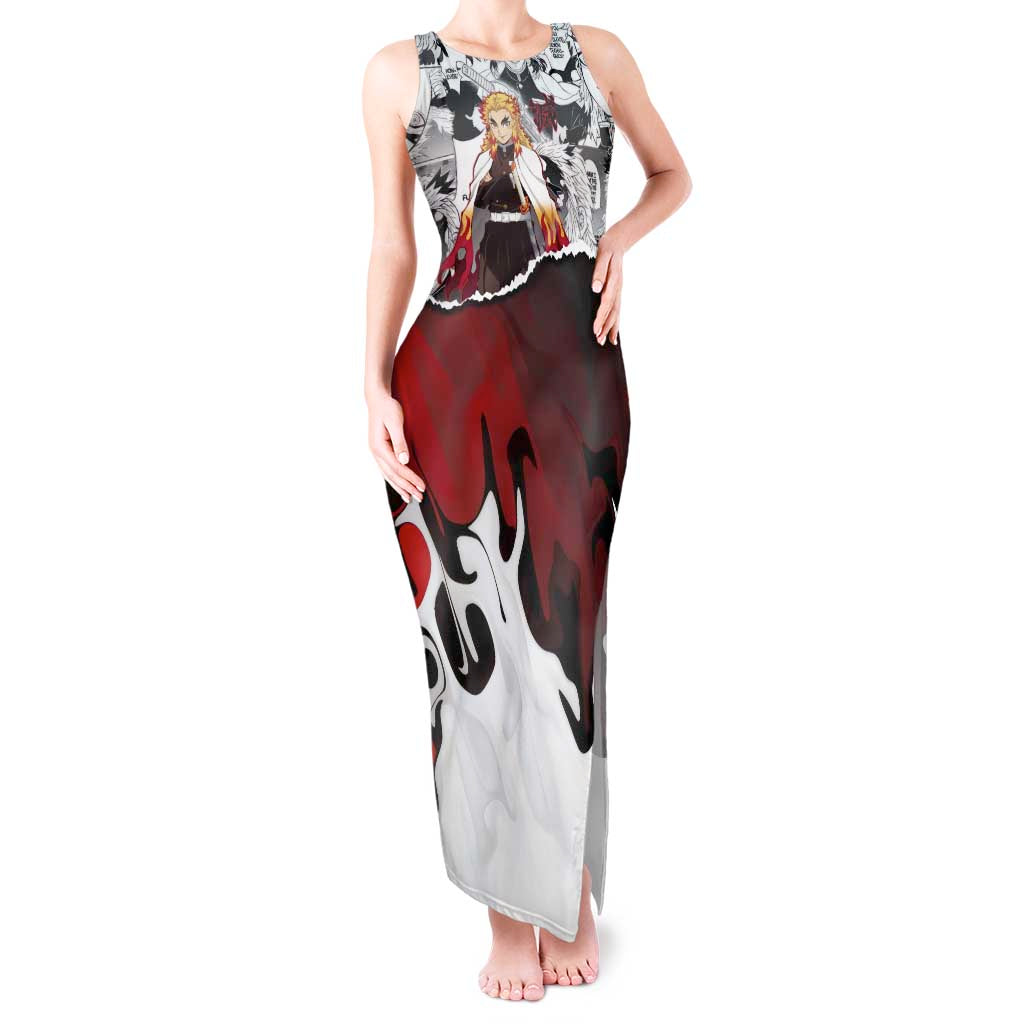 Kyojuro Rengoku Demon Slayer Flame Hashira Design Tank Maxi Dress with Manga Panels and Fiery Sword Artwork - The Mazicc