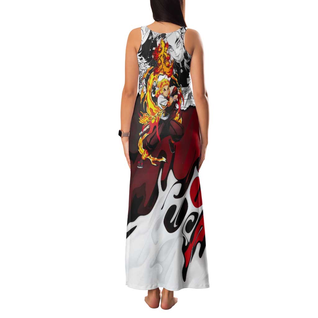 Kyojuro Rengoku Demon Slayer Flame Hashira Design Tank Maxi Dress with Manga Panels and Fiery Sword Artwork - The Mazicc