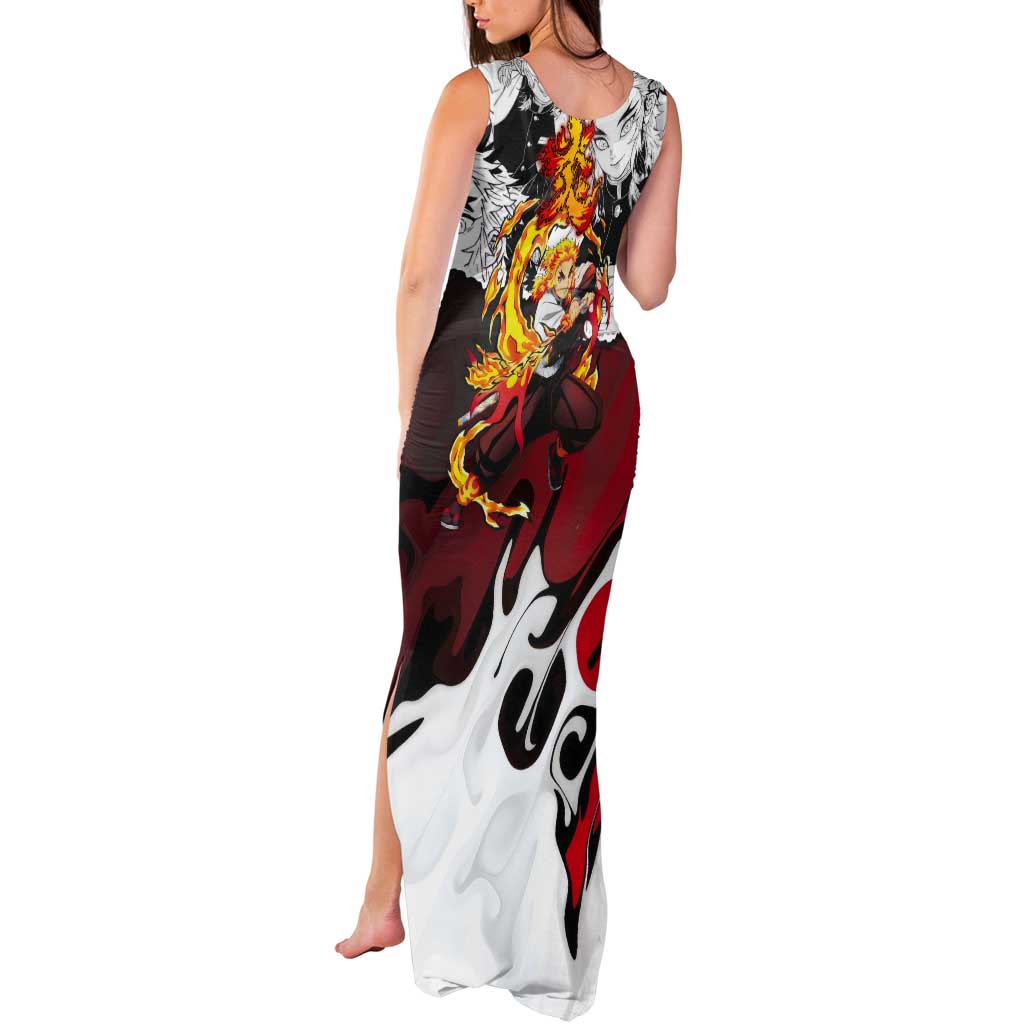 Kyojuro Rengoku Demon Slayer Flame Hashira Design Tank Maxi Dress with Manga Panels and Fiery Sword Artwork - The Mazicc