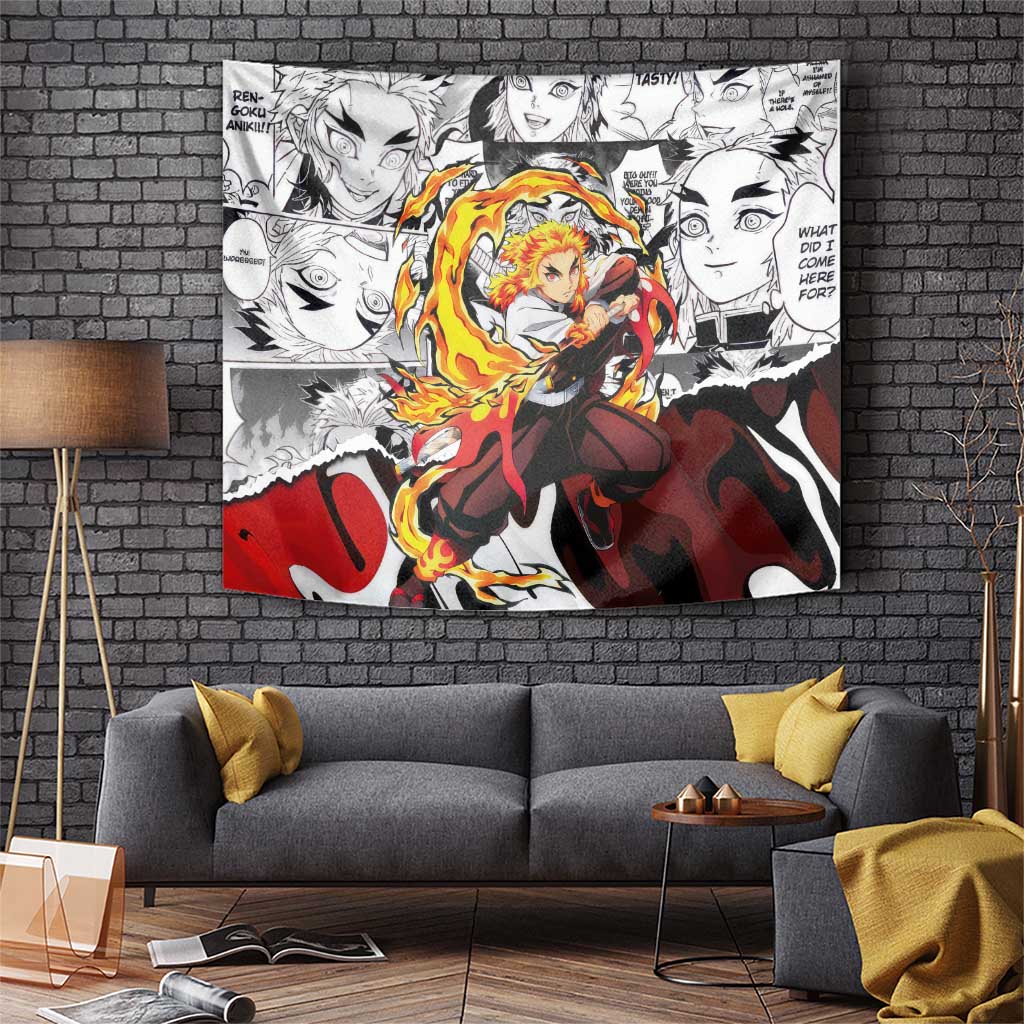 Kyojuro Rengoku Demon Slayer Flame Hashira Design Tapestry with Manga Panels and Fiery Sword Artwork - The Mazicc