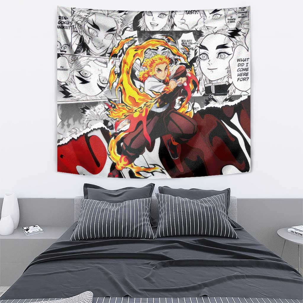 Kyojuro Rengoku Demon Slayer Flame Hashira Design Tapestry with Manga Panels and Fiery Sword Artwork - The Mazicc