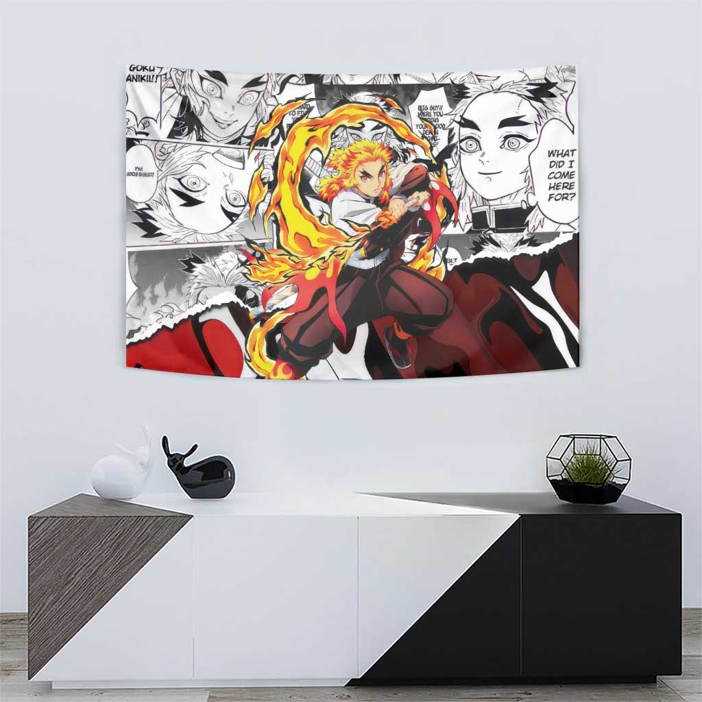 Kyojuro Rengoku Demon Slayer Flame Hashira Design Tapestry with Manga Panels and Fiery Sword Artwork - The Mazicc