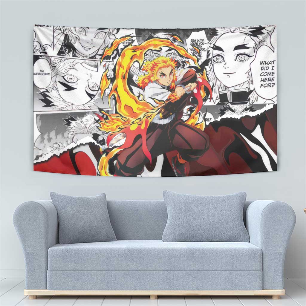 Kyojuro Rengoku Demon Slayer Flame Hashira Design Tapestry with Manga Panels and Fiery Sword Artwork - The Mazicc