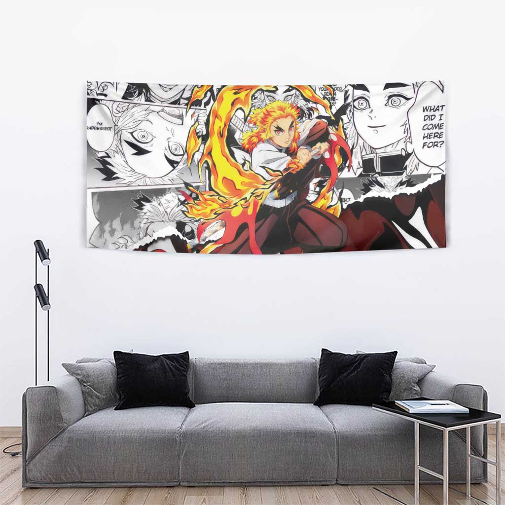 Kyojuro Rengoku Demon Slayer Flame Hashira Design Tapestry with Manga Panels and Fiery Sword Artwork - The Mazicc