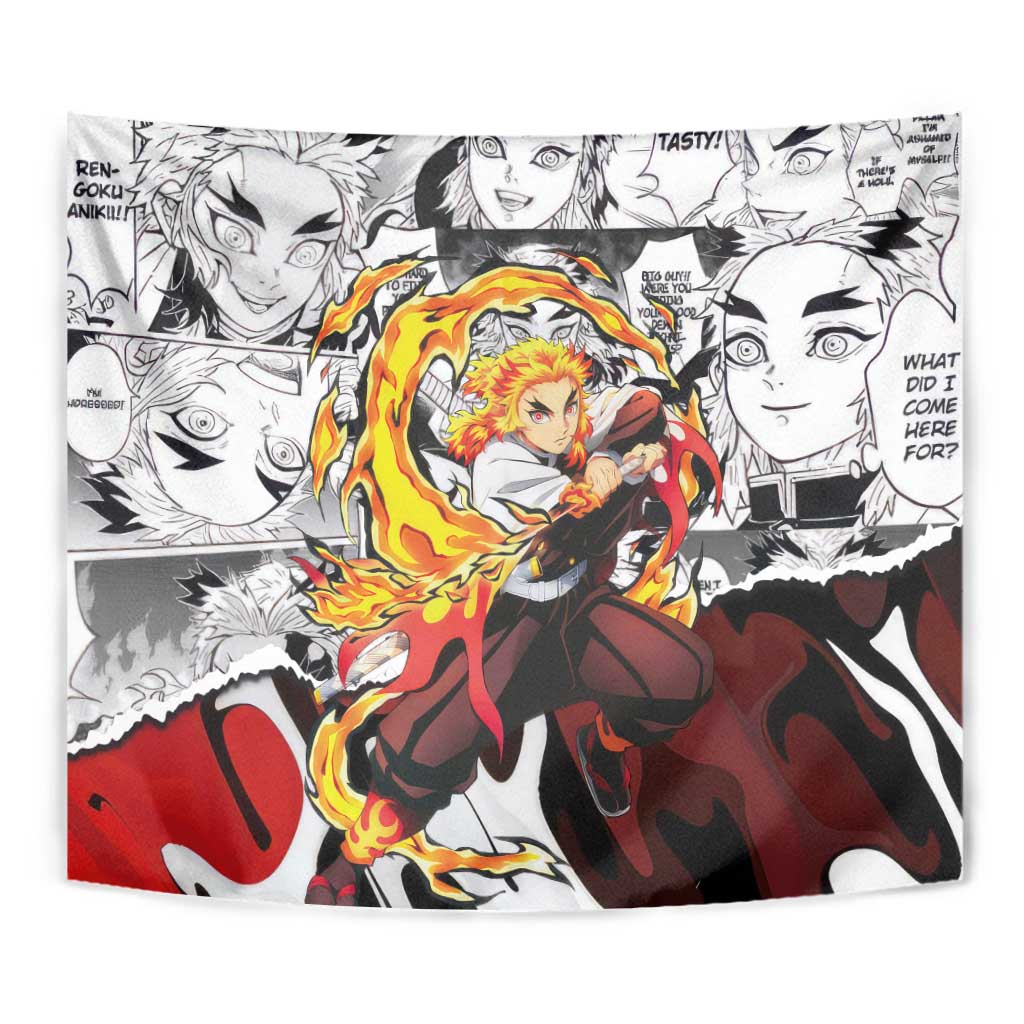 Kyojuro Rengoku Demon Slayer Flame Hashira Design Tapestry with Manga Panels and Fiery Sword Artwork - The Mazicc