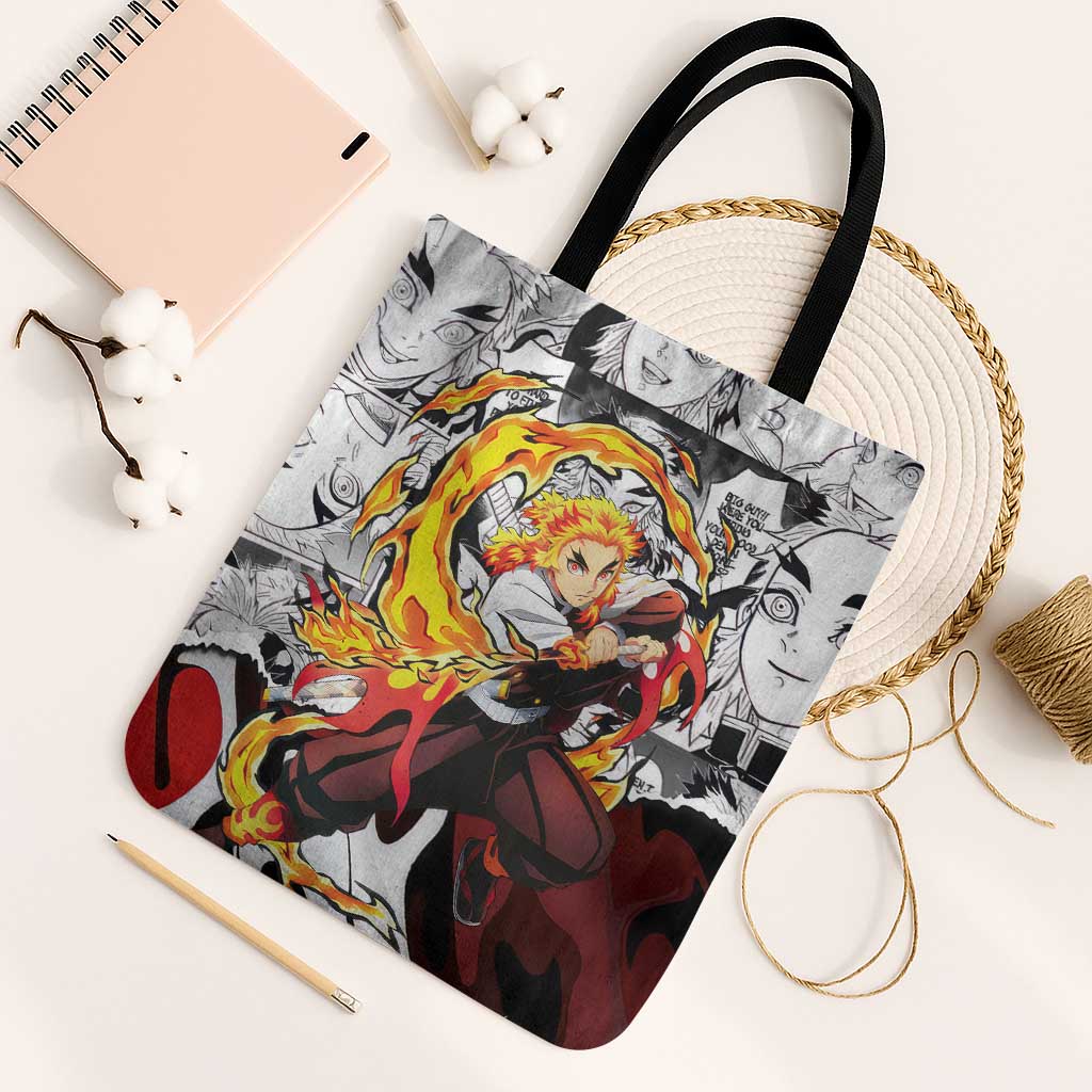Kyojuro Rengoku Demon Slayer Flame Hashira Design Tote Bag with Manga Panels and Fiery Sword Artwork - The Mazicc