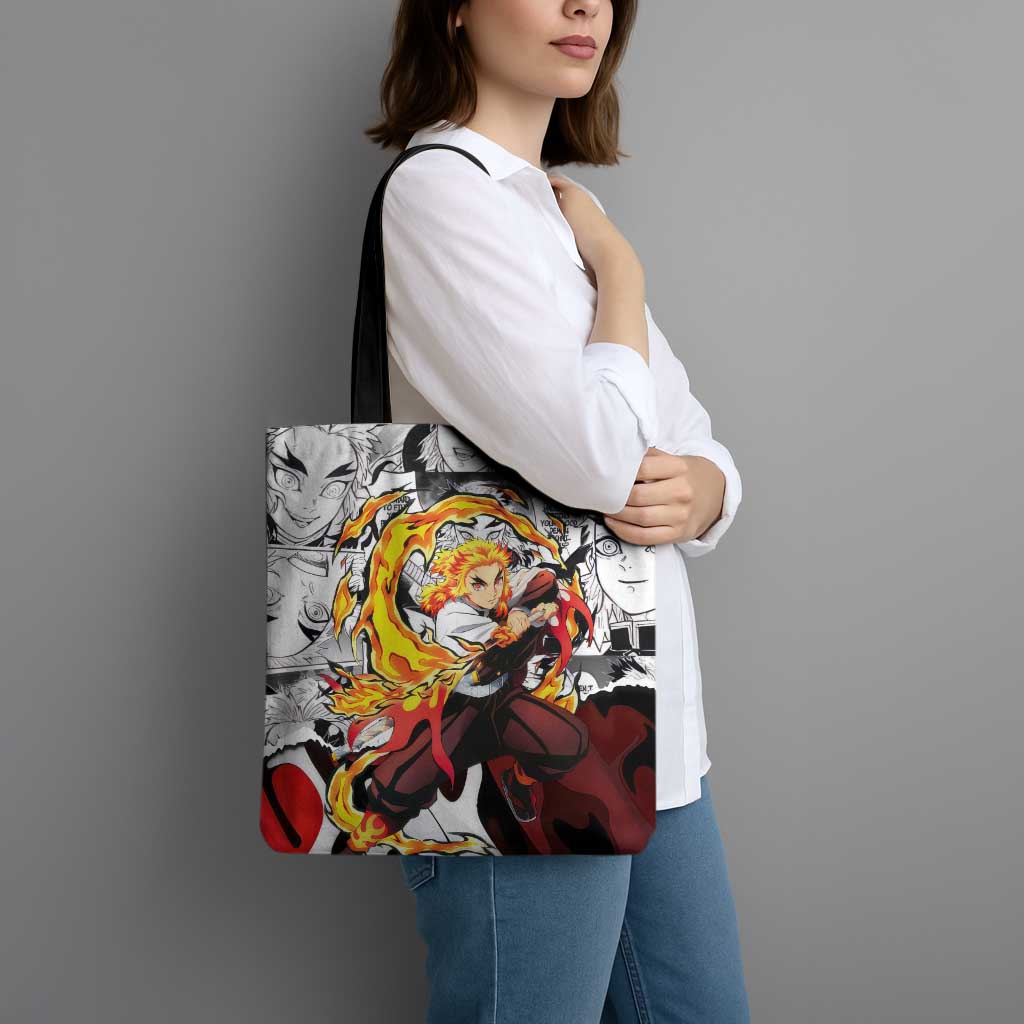 Kyojuro Rengoku Demon Slayer Flame Hashira Design Tote Bag with Manga Panels and Fiery Sword Artwork - The Mazicc