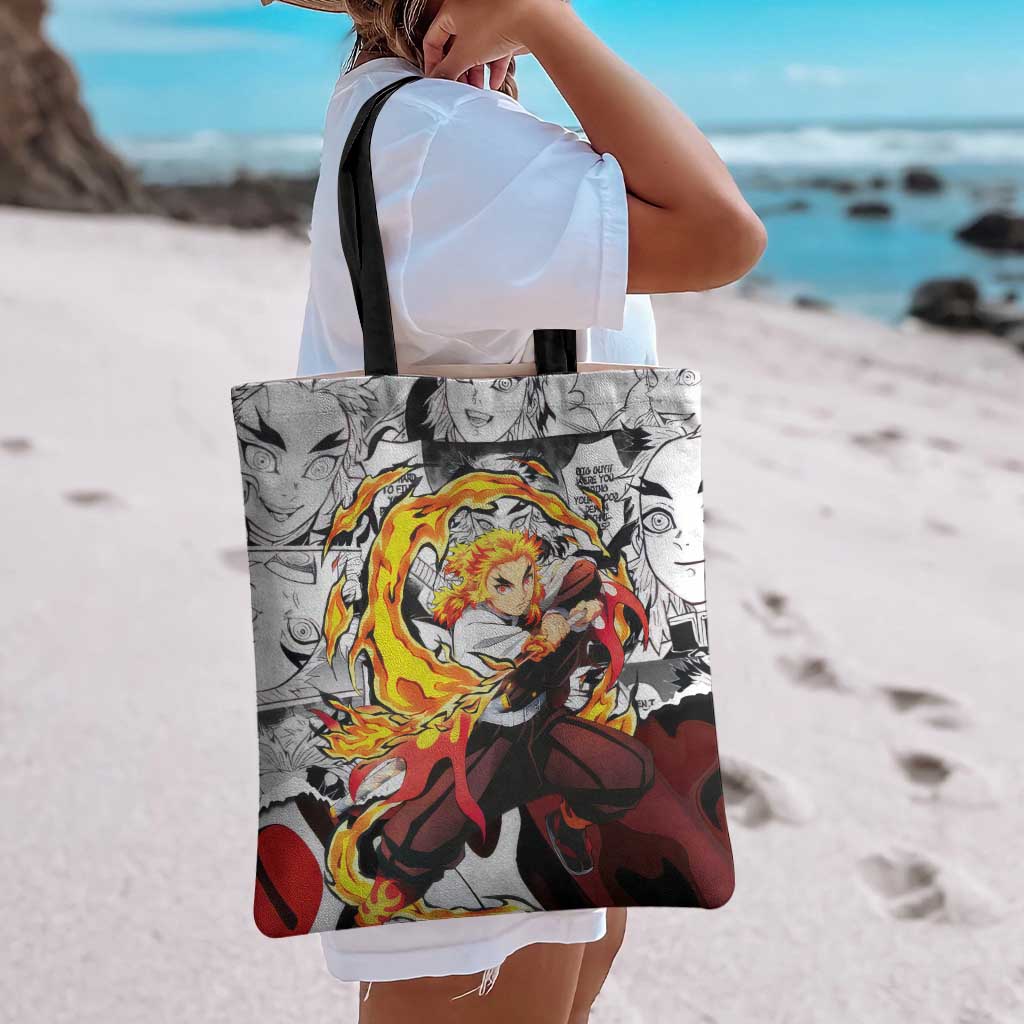 Kyojuro Rengoku Demon Slayer Flame Hashira Design Tote Bag with Manga Panels and Fiery Sword Artwork - The Mazicc