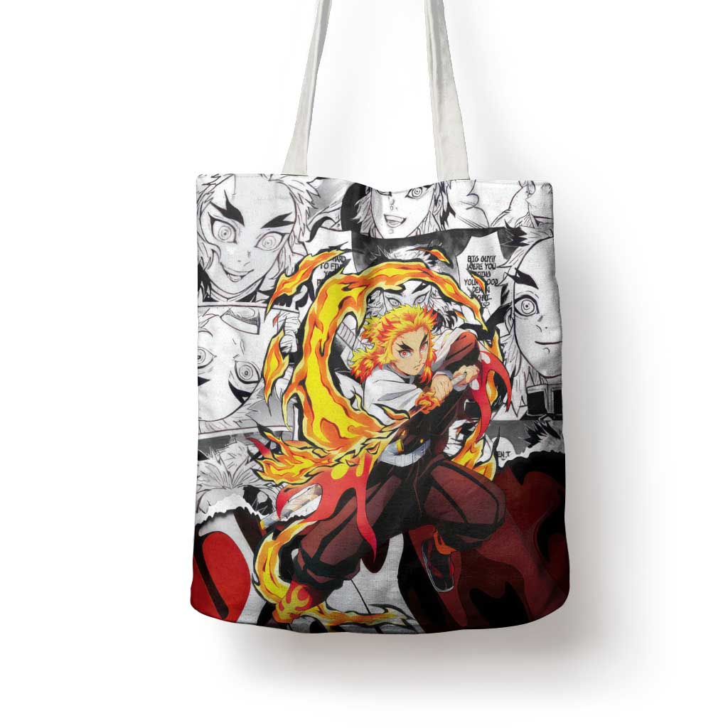 Kyojuro Rengoku Demon Slayer Flame Hashira Design Tote Bag with Manga Panels and Fiery Sword Artwork - The Mazicc