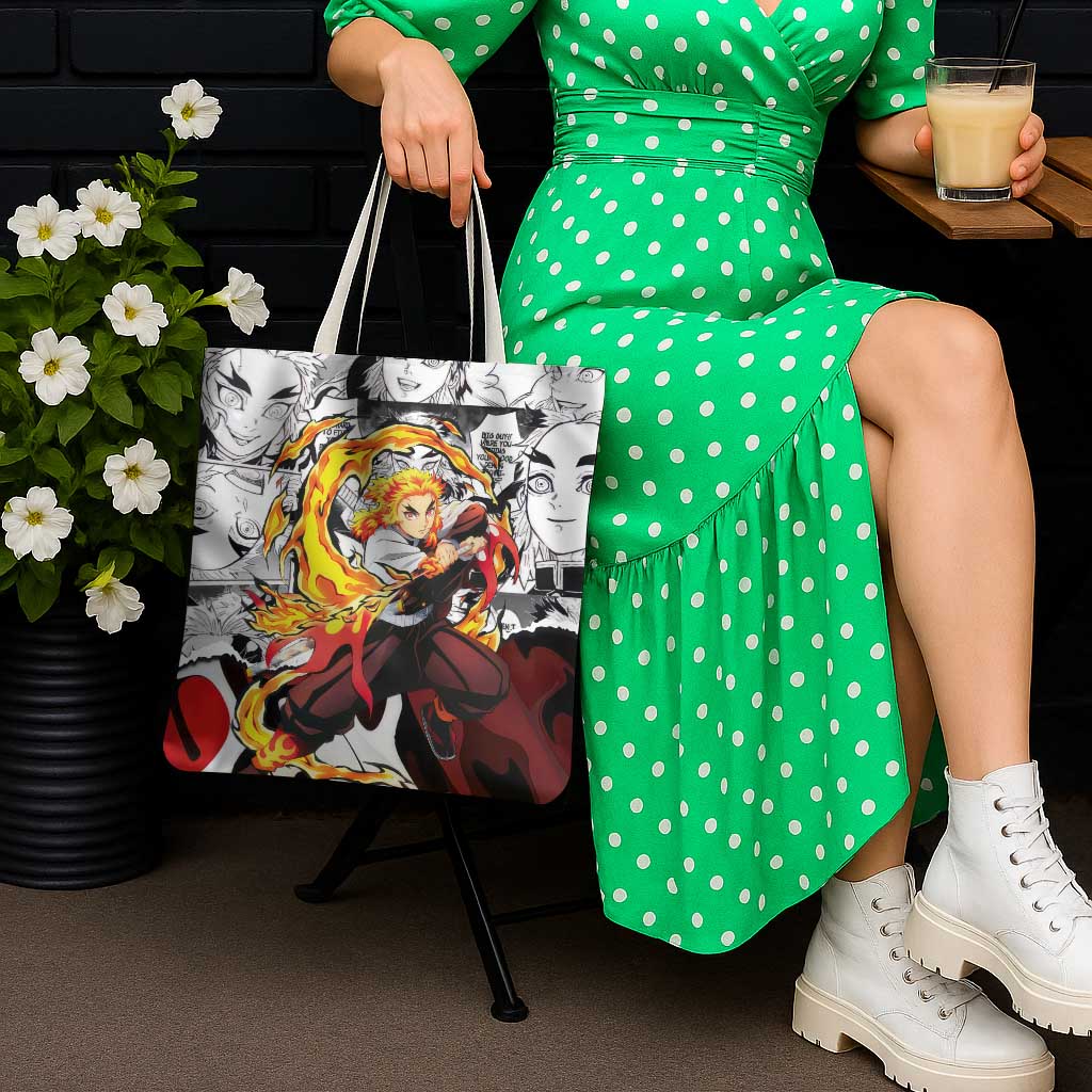 Kyojuro Rengoku Demon Slayer Flame Hashira Design Tote Bag with Manga Panels and Fiery Sword Artwork - The Mazicc