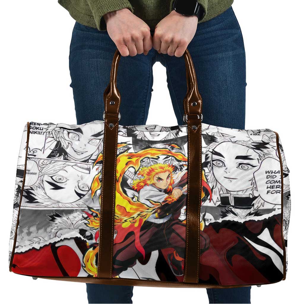 Kyojuro Rengoku Demon Slayer Flame Hashira Design Travel Bag with Manga Panels and Fiery Sword Artwork - The Mazicc