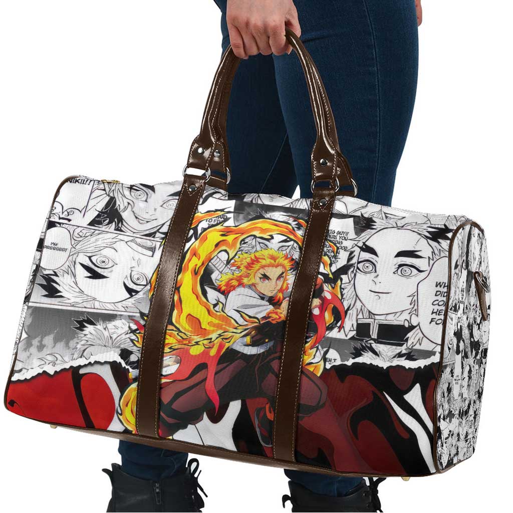 Kyojuro Rengoku Demon Slayer Flame Hashira Design Travel Bag with Manga Panels and Fiery Sword Artwork - The Mazicc