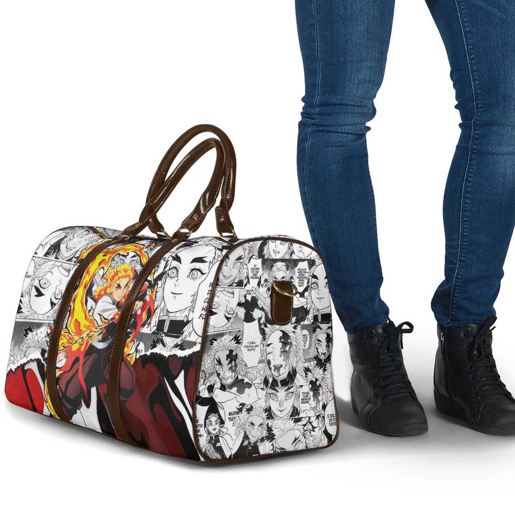 Kyojuro Rengoku Demon Slayer Flame Hashira Design Travel Bag with Manga Panels and Fiery Sword Artwork - The Mazicc