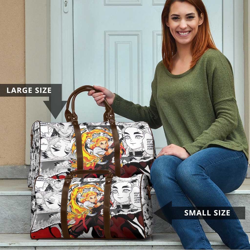 Kyojuro Rengoku Demon Slayer Flame Hashira Design Travel Bag with Manga Panels and Fiery Sword Artwork - The Mazicc