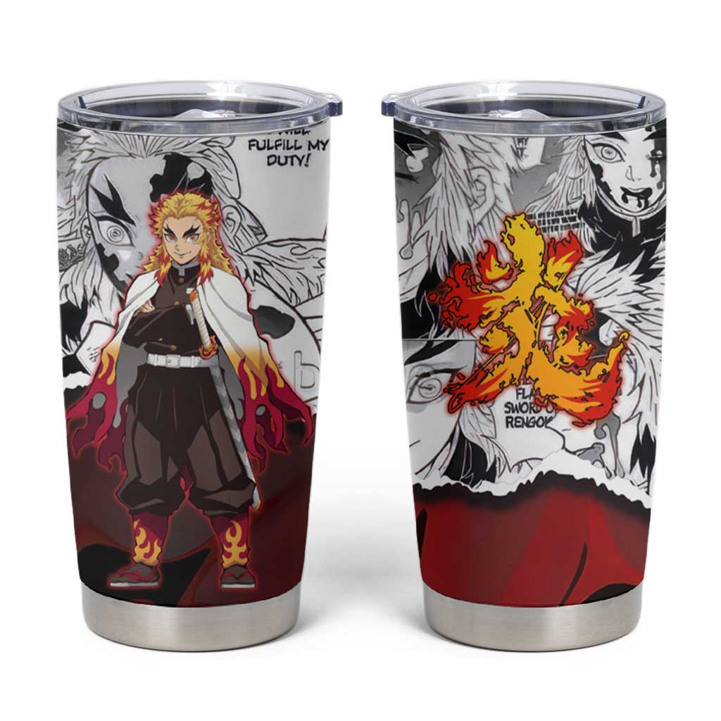 Kyojuro Rengoku Demon Slayer Flame Hashira Design Tumbler Cup with Manga Panels and Fiery Sword Artwork - The Mazicc