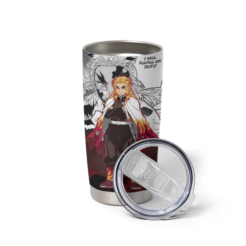 Kyojuro Rengoku Demon Slayer Flame Hashira Design Tumbler Cup with Manga Panels and Fiery Sword Artwork - The Mazicc