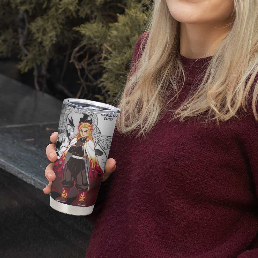 Kyojuro Rengoku Demon Slayer Flame Hashira Design Tumbler Cup with Manga Panels and Fiery Sword Artwork - The Mazicc