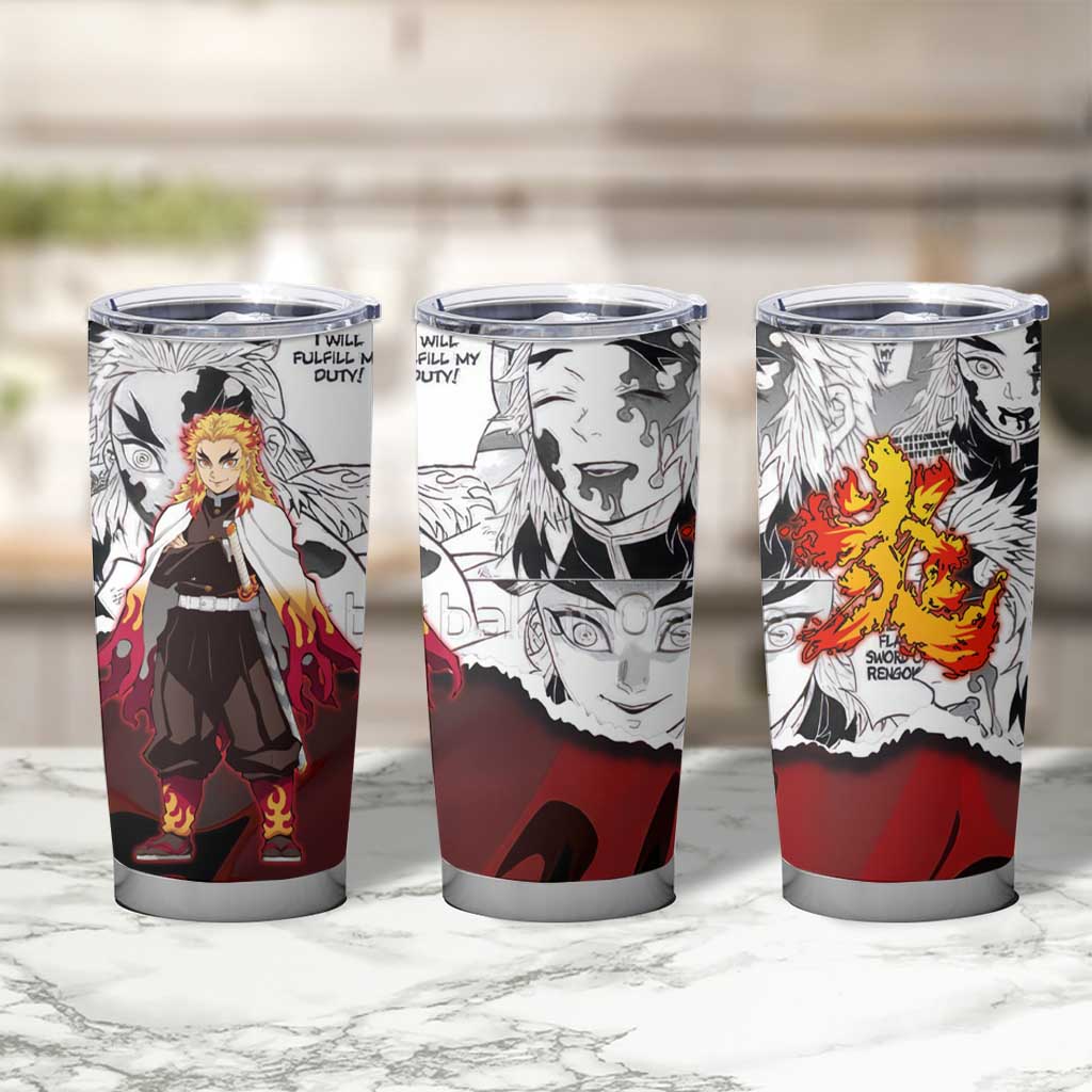 Kyojuro Rengoku Demon Slayer Flame Hashira Design Tumbler Cup with Manga Panels and Fiery Sword Artwork - The Mazicc