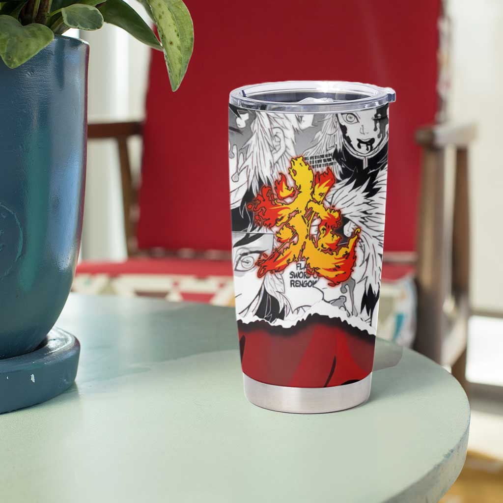 Kyojuro Rengoku Demon Slayer Flame Hashira Design Tumbler Cup with Manga Panels and Fiery Sword Artwork - The Mazicc