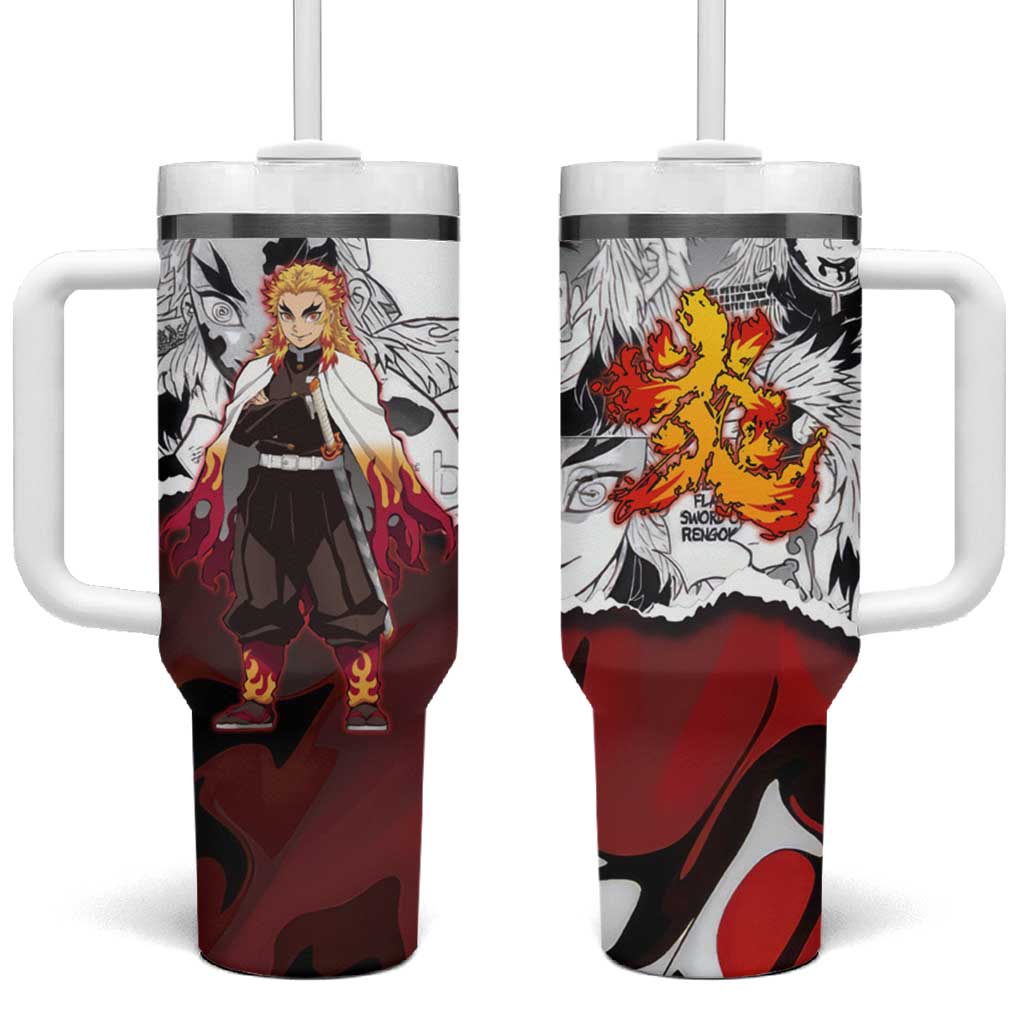 Kyojuro Rengoku Demon Slayer Flame Hashira Design Tumbler With Handle with Manga Panels and Fiery Sword Artwork - The Mazicc