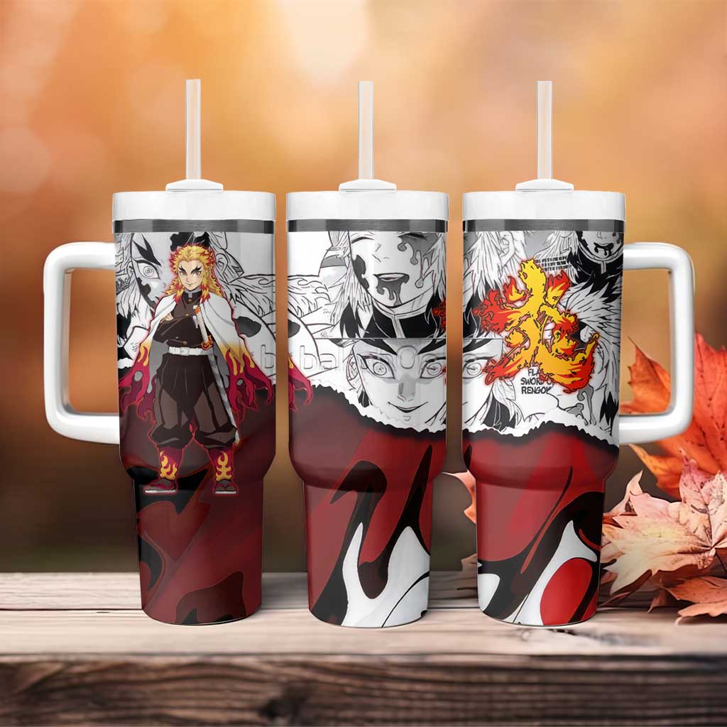 Kyojuro Rengoku Demon Slayer Flame Hashira Design Tumbler With Handle with Manga Panels and Fiery Sword Artwork - The Mazicc