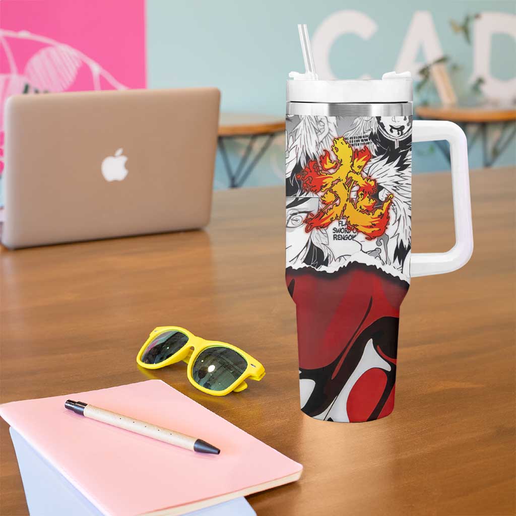 Kyojuro Rengoku Demon Slayer Flame Hashira Design Tumbler With Handle with Manga Panels and Fiery Sword Artwork - The Mazicc
