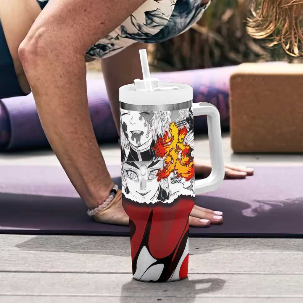 Kyojuro Rengoku Demon Slayer Flame Hashira Design Tumbler With Handle with Manga Panels and Fiery Sword Artwork - The Mazicc
