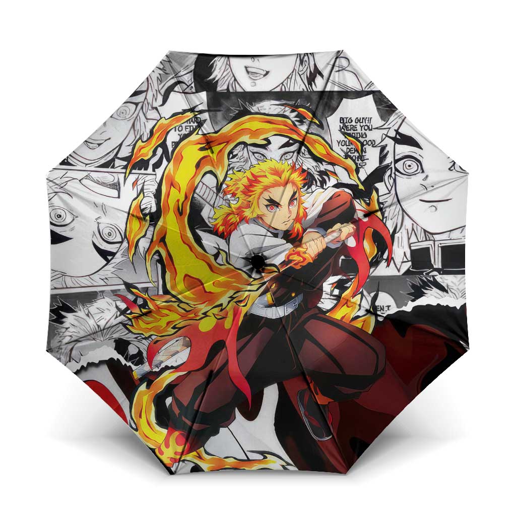 Kyojuro Rengoku Demon Slayer Flame Hashira Design Umbrella with Manga Panels and Fiery Sword Artwork - The Mazicc