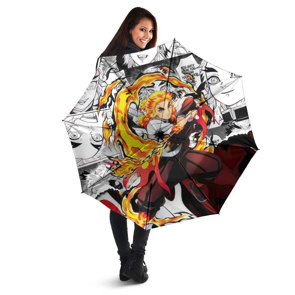 Kyojuro Rengoku Demon Slayer Flame Hashira Design Umbrella with Manga Panels and Fiery Sword Artwork - The Mazicc