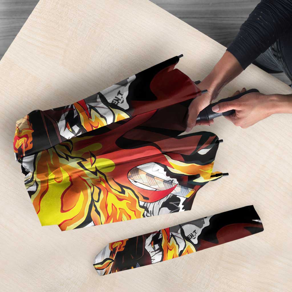 Kyojuro Rengoku Demon Slayer Flame Hashira Design Umbrella with Manga Panels and Fiery Sword Artwork - The Mazicc