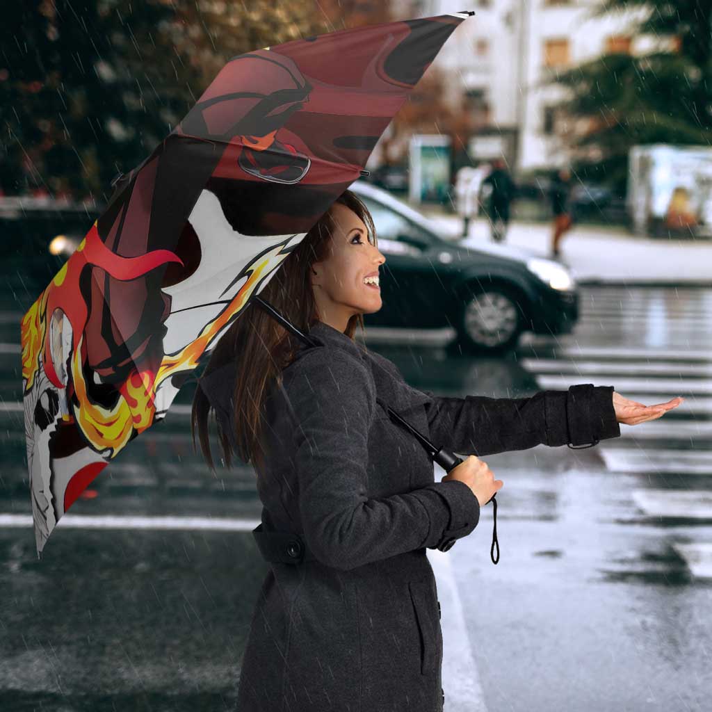 Kyojuro Rengoku Demon Slayer Flame Hashira Design Umbrella with Manga Panels and Fiery Sword Artwork - The Mazicc
