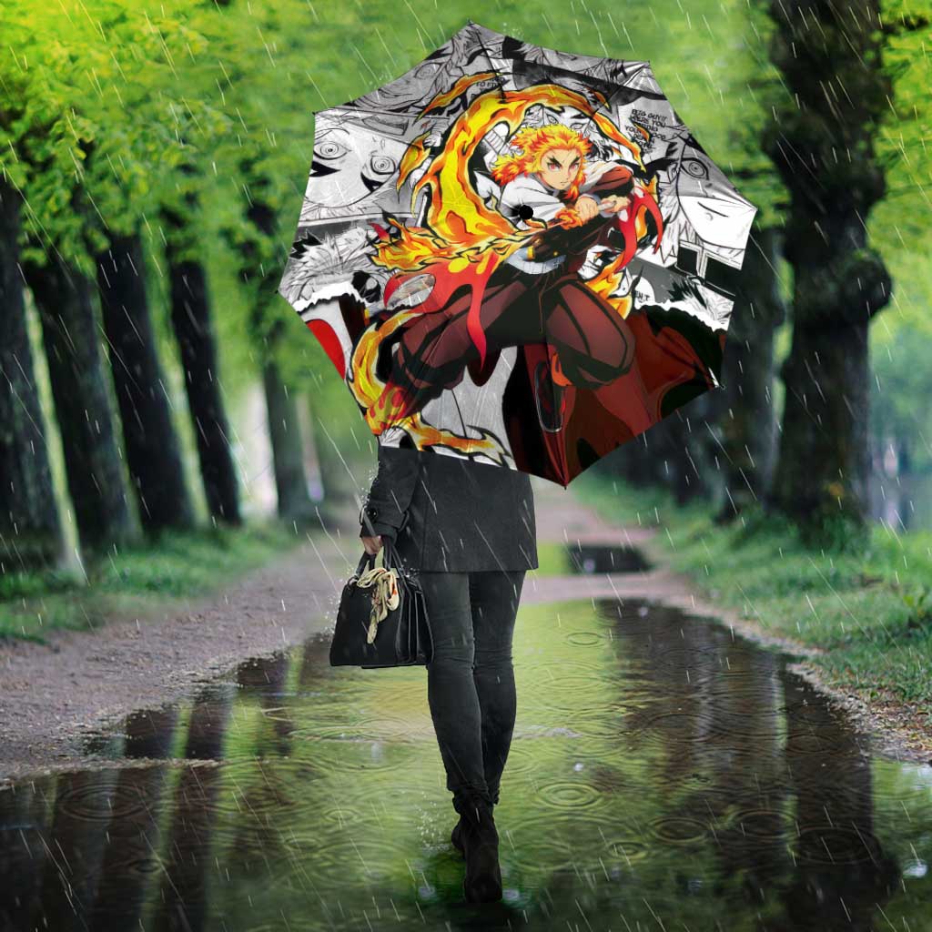 Kyojuro Rengoku Demon Slayer Flame Hashira Design Umbrella with Manga Panels and Fiery Sword Artwork - The Mazicc