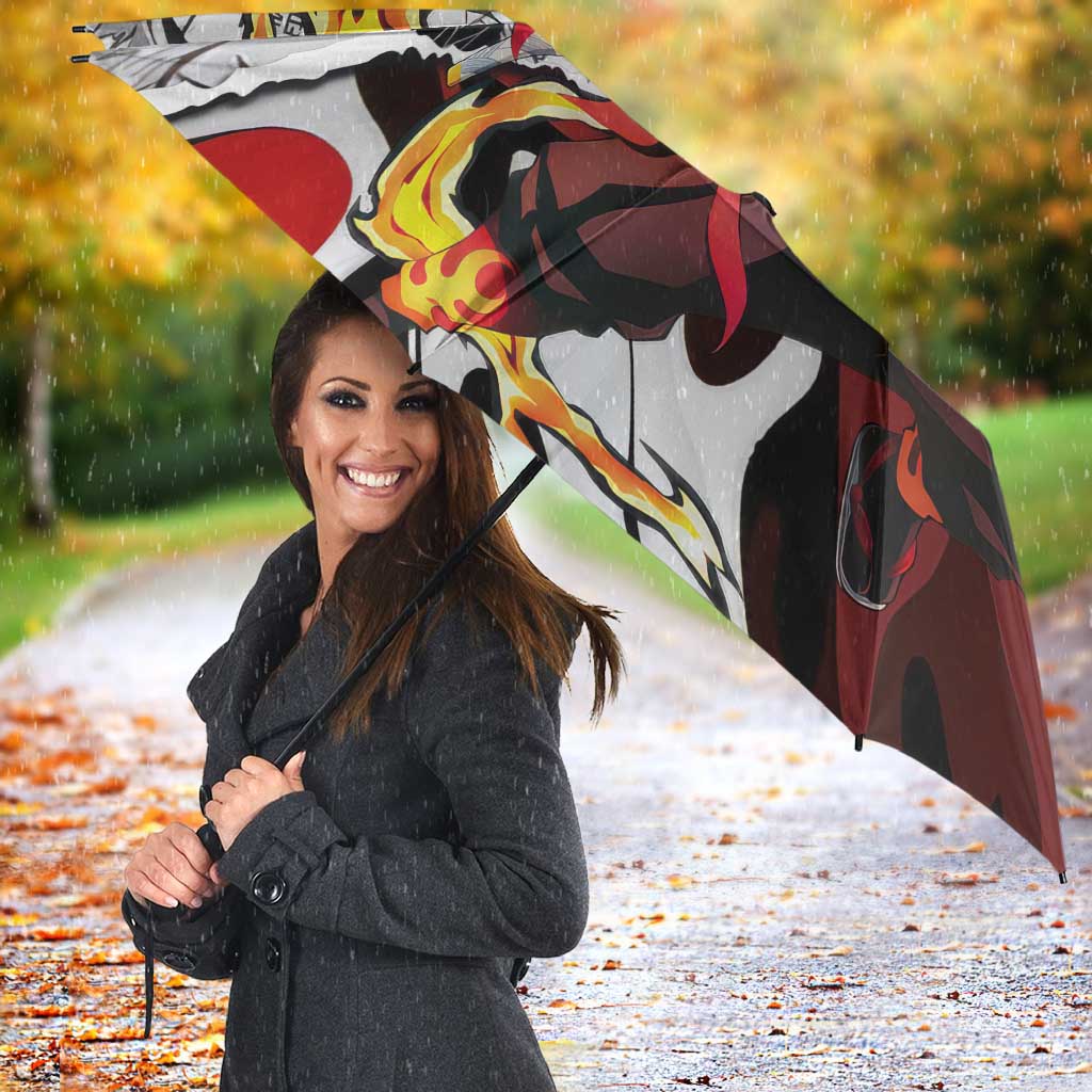 Kyojuro Rengoku Demon Slayer Flame Hashira Design Umbrella with Manga Panels and Fiery Sword Artwork - The Mazicc