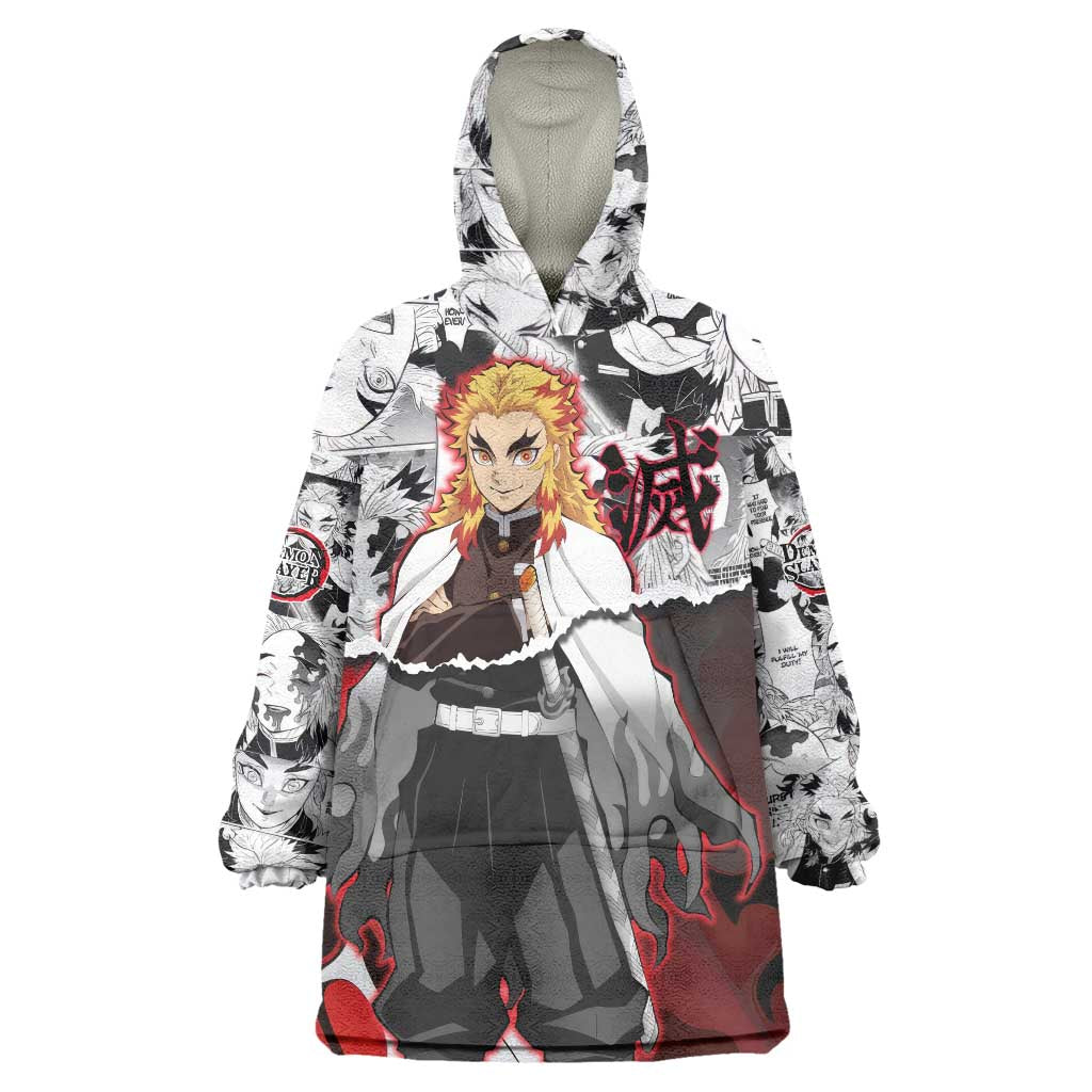 Kyojuro Rengoku Demon Slayer Flame Hashira Design Wearable Blanket Hoodie with Manga Panels and Fiery Sword Artwork - The Mazicc