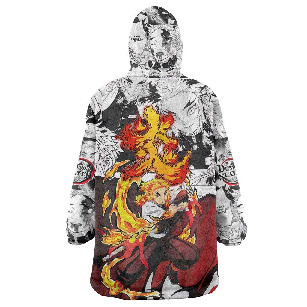 Kyojuro Rengoku Demon Slayer Flame Hashira Design Wearable Blanket Hoodie with Manga Panels and Fiery Sword Artwork - The Mazicc
