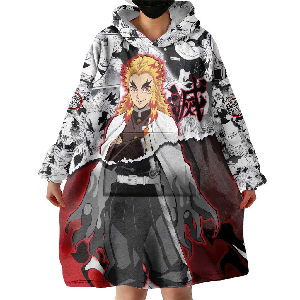 Kyojuro Rengoku Demon Slayer Flame Hashira Design Wearable Blanket Hoodie with Manga Panels and Fiery Sword Artwork - The Mazicc