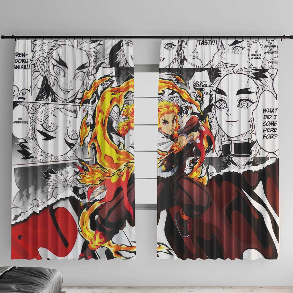 Kyojuro Rengoku Demon Slayer Flame Hashira Design Window Curtain with Manga Panels and Fiery Sword Artwork - The Mazicc