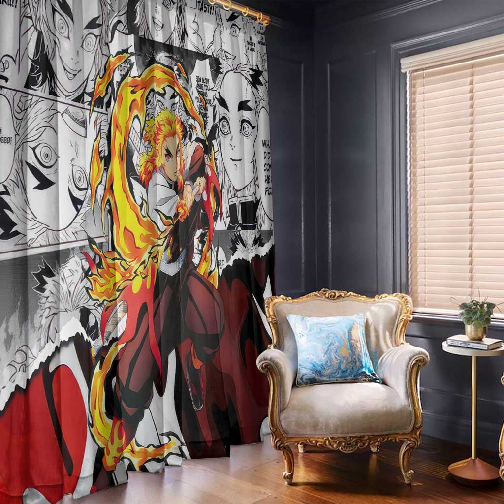 Kyojuro Rengoku Demon Slayer Flame Hashira Design Window Curtain with Manga Panels and Fiery Sword Artwork - The Mazicc