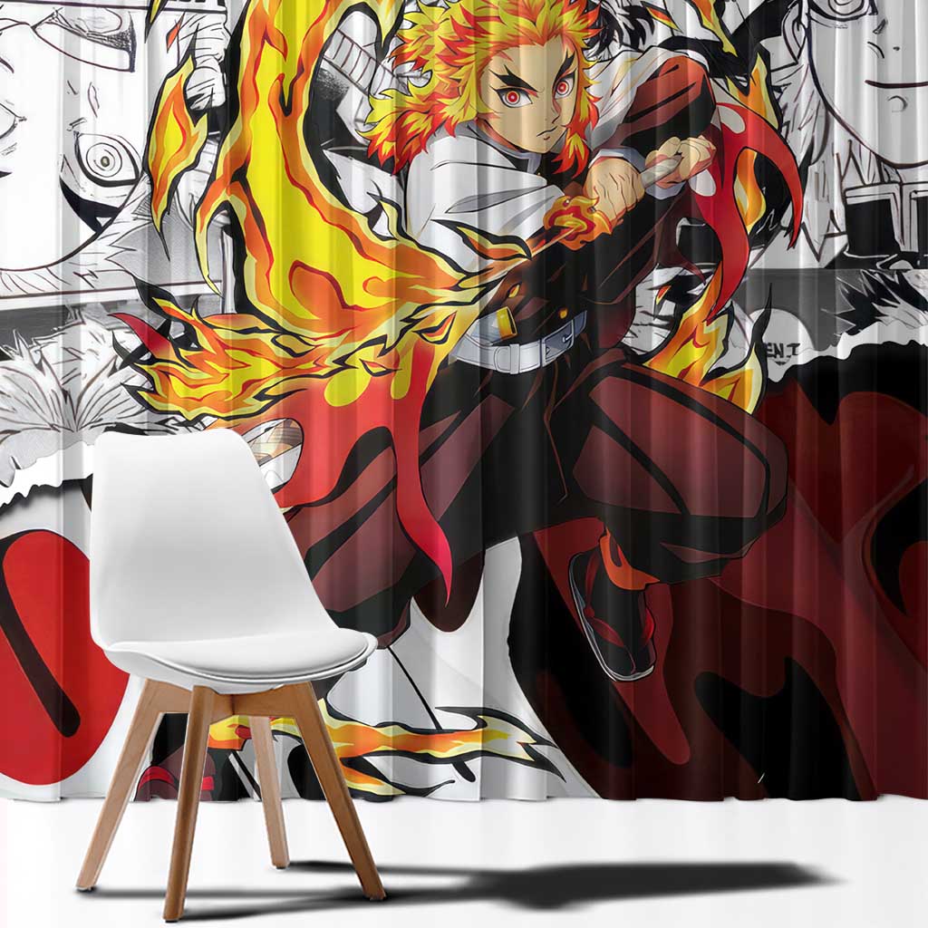 Kyojuro Rengoku Demon Slayer Flame Hashira Design Window Curtain with Manga Panels and Fiery Sword Artwork - The Mazicc