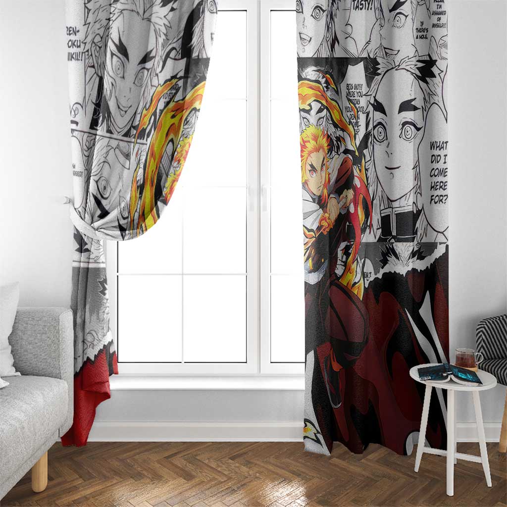 Kyojuro Rengoku Demon Slayer Flame Hashira Design Window Curtain with Manga Panels and Fiery Sword Artwork - The Mazicc