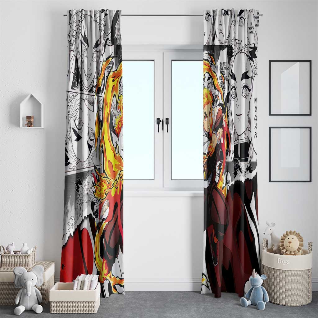 Kyojuro Rengoku Demon Slayer Flame Hashira Design Window Curtain with Manga Panels and Fiery Sword Artwork - The Mazicc
