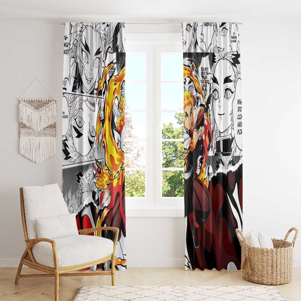 Kyojuro Rengoku Demon Slayer Flame Hashira Design Window Curtain with Manga Panels and Fiery Sword Artwork - The Mazicc