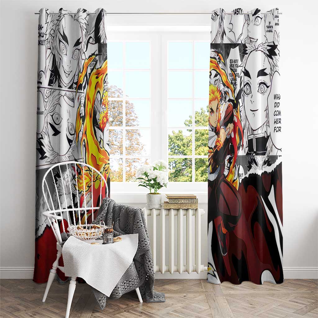 Kyojuro Rengoku Demon Slayer Flame Hashira Design Window Curtain with Manga Panels and Fiery Sword Artwork - The Mazicc