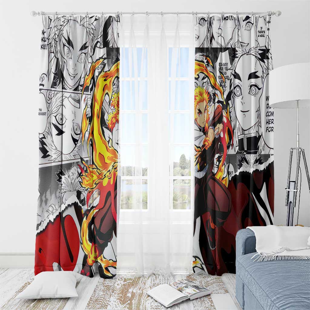 Kyojuro Rengoku Demon Slayer Flame Hashira Design Window Curtain with Manga Panels and Fiery Sword Artwork - The Mazicc