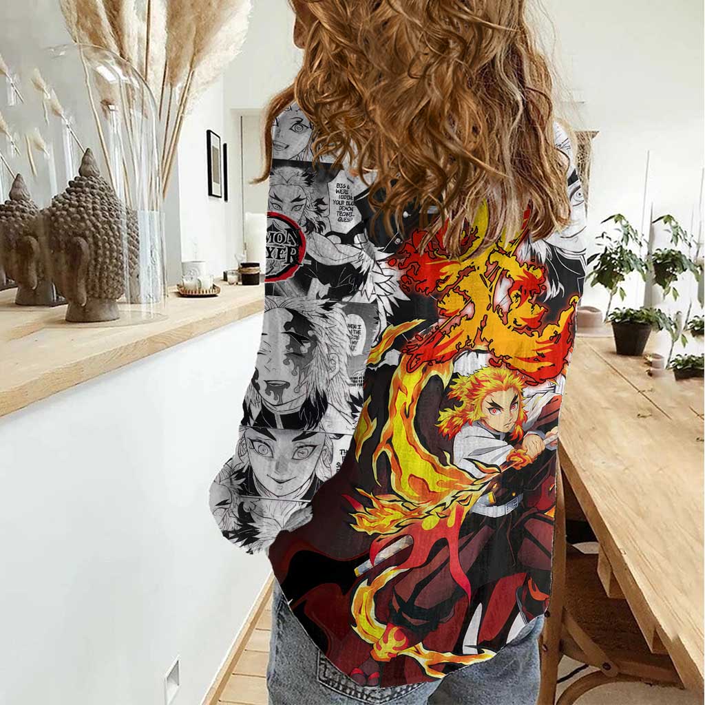 Kyojuro Rengoku Demon Slayer Flame Hashira Design Women Casual Shirt with Manga Panels and Fiery Sword Artwork - The Mazicc